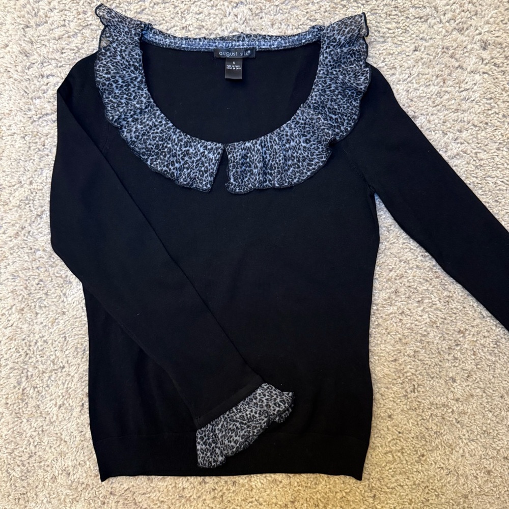 August Silk Snow Leopard Print Ruffle Trim Collar Black Y2K Sweater Top Small